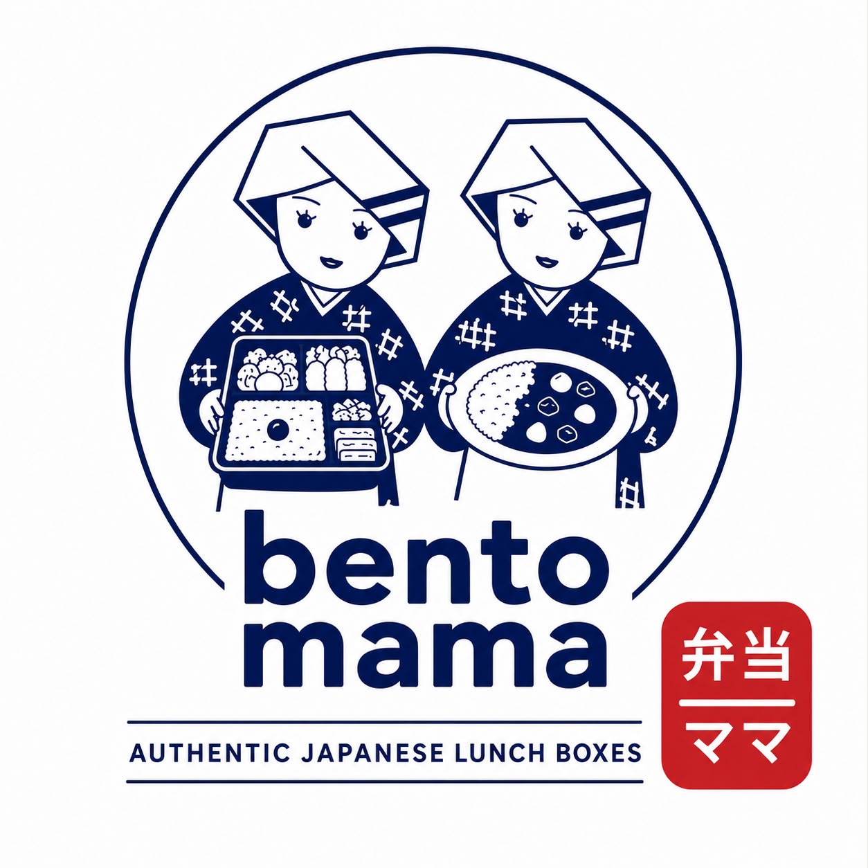 Bento Mama logo: two cooks in navy happi coats, in a circular roundel, holding a bento box and a plate of Japanese curry rice, above the words 'bento mama — authentic Japanese lunch boxes' and a red 弁当ママ badge.